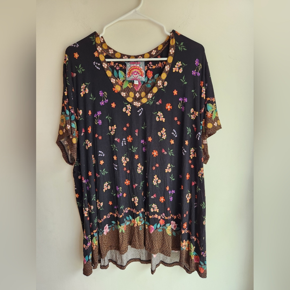 Johnny Was Nani Favorite Short Sleeve V-Neck Swing Tee Multicolor Floral 3X Plus
